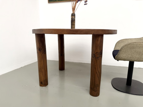 Table ronde moderniste chêne massif, piètement cylindrique pin, DLG Perriand, Chapo, années 50, vue 16
