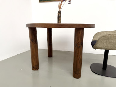 Table ronde moderniste chêne massif, piètement cylindrique pin, DLG Perriand, Chapo, années 50, vue 16