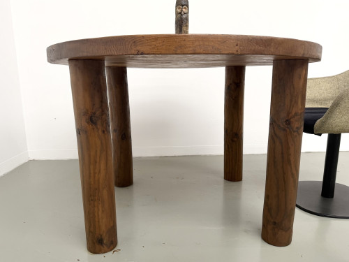 Table ronde moderniste chêne massif, piètement cylindrique pin, DLG Perriand, Chapo, années 50, vue 17