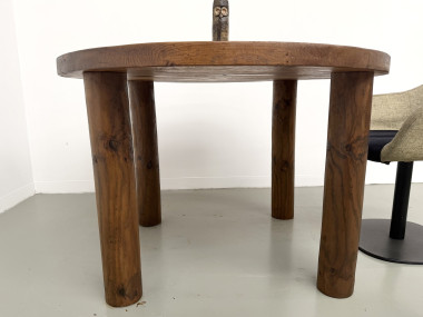 Table ronde moderniste chêne massif, piètement cylindrique pin, DLG Perriand, Chapo, années 50, vue 17