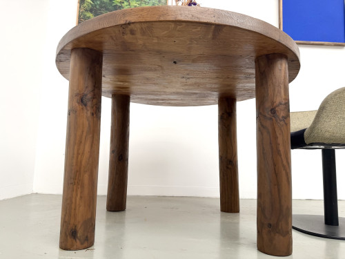 Table ronde moderniste chêne massif, piètement cylindrique pin, DLG Perriand, Chapo, années 50, vue 18