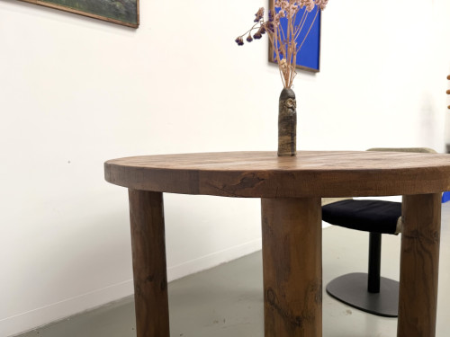 Table ronde moderniste chêne massif, piètement cylindrique pin, DLG Perriand, Chapo, années 50, vue 19