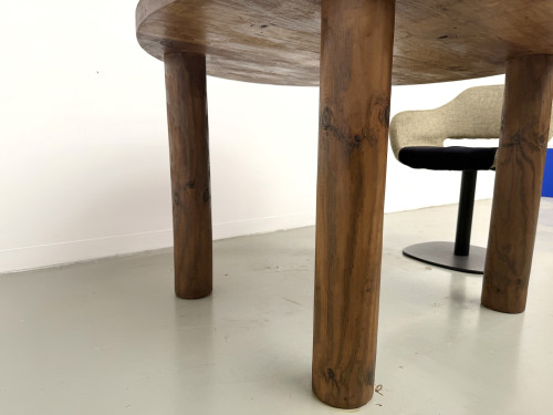 Table ronde moderniste chêne massif, piètement cylindrique pin, DLG Perriand, Chapo, années 50, vue 20