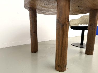 Table ronde moderniste chêne massif, piètement cylindrique pin, DLG Perriand, Chapo, années 50, vue 20