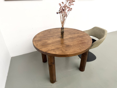 Table ronde moderniste chêne massif, piètement cylindrique pin, DLG Perriand, Chapo, années 50, vue 21