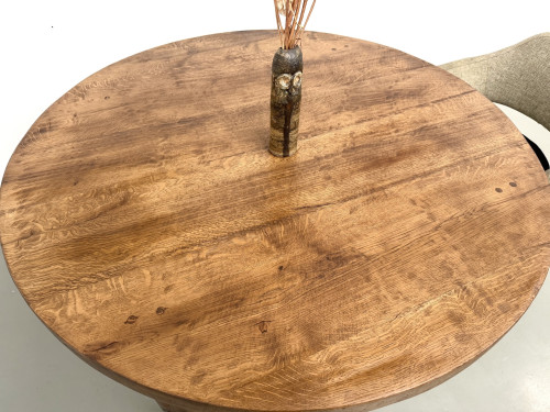 Table ronde moderniste chêne massif, piètement cylindrique pin, DLG Perriand, Chapo, années 50, vue 22