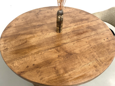 Table ronde moderniste chêne massif, piètement cylindrique pin, DLG Perriand, Chapo, années 50, vue 22