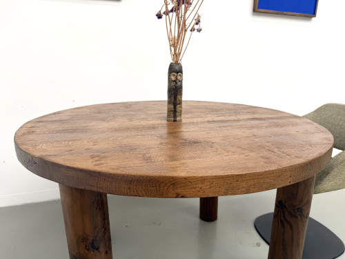 Table ronde moderniste chêne massif, piètement cylindrique pin, DLG Perriand, Chapo, années 50, vue 23