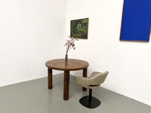 Table ronde moderniste chêne massif, piètement cylindrique pin, DLG Perriand, Chapo, années 50, vue 24