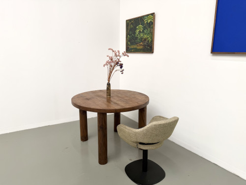 Table ronde moderniste chêne massif, piètement cylindrique pin, DLG Perriand, Chapo, années 50, vue 25