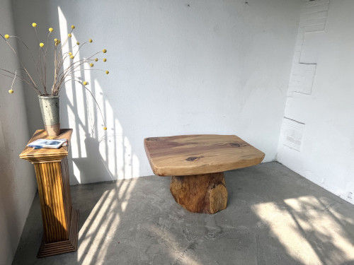 Table basse brutaliste organique en cèdre massif, piédestal tronc, années 70, vue 10