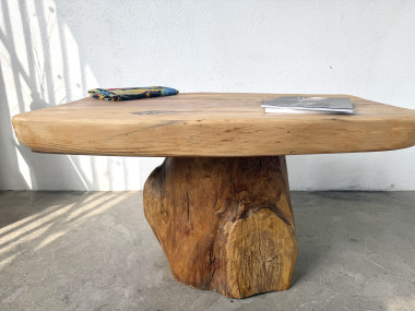 Table basse brutaliste organique en cèdre massif, piédestal tronc, années 70, vue 16