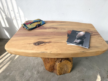 Table basse brutaliste organique en cèdre massif, piédestal tronc, années 70, vue 17