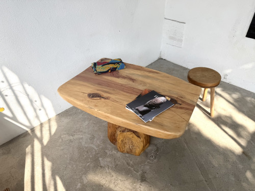 Table basse brutaliste organique en cèdre massif, piédestal tronc, années 70, vue 27