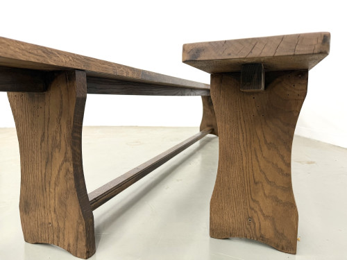 Paire de bancs en chêne massif, pieds en aile, France, années 1970, vue 12