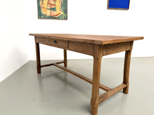 Table de ferme en merisier massif, un tiroir, entretoise basse, France, années 1950, vue 35