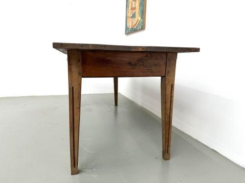 Table de ferme en pin massif, deux tiroirs, pieds cannelés, France, années 1950, vue 17