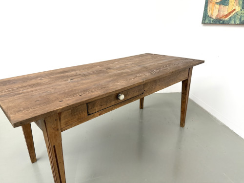 Table de ferme en pin massif, deux tiroirs, pieds cannelés, France, années 1950, vue 20