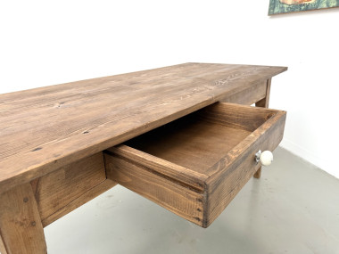 Table de ferme en pin massif, deux tiroirs, pieds cannelés, France, années 1950, vue 21