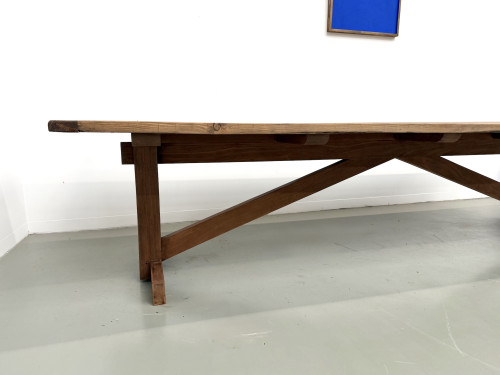 Grande table de réfectoire en pin et hêtre massif, piètement en X, France, années 1970, vue 10