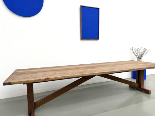Grande table de réfectoire en pin et hêtre massif, piètement en X, France, années 1970, vue 11