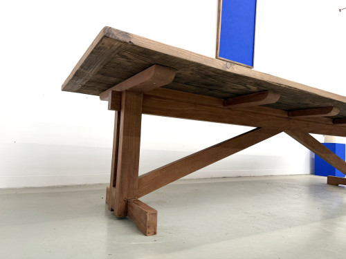 Grande table de réfectoire en pin et hêtre massif, piètement en X, France, années 1970, vue 13