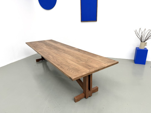 Grande table de réfectoire en pin et hêtre massif, piètement en X, France, années 1970, vue 22