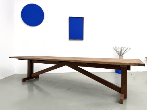 Grande table de réfectoire en pin et hêtre massif, piètement en X, France, années 1970, vue 27