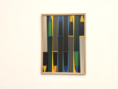 Peinture abstraite géométrique, huile sur toile encadrée chêne, années 1970-80, vue 2