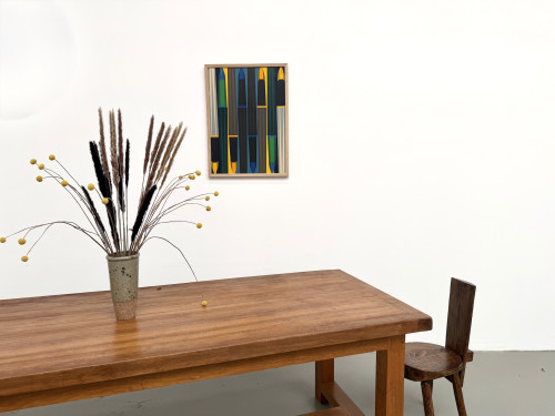 Peinture abstraite géométrique, huile sur toile encadrée chêne, années 1970-80, vue 3