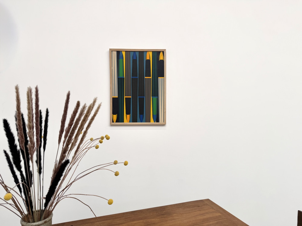 Peinture abstraite géométrique, huile sur toile encadrée chêne, années 1970-80, vue 1