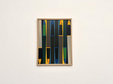 Peinture abstraite géométrique, huile sur toile encadrée chêne, années 1970-80, vue 4