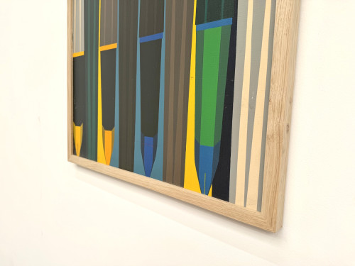 Peinture abstraite géométrique, huile sur toile encadrée chêne, années 1970-80, vue 5