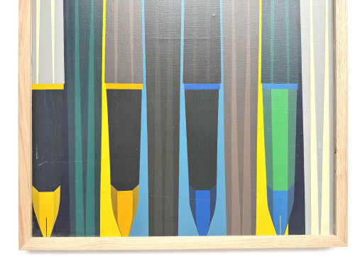 Peinture abstraite géométrique, huile sur toile encadrée chêne, années 1970-80, vue 6