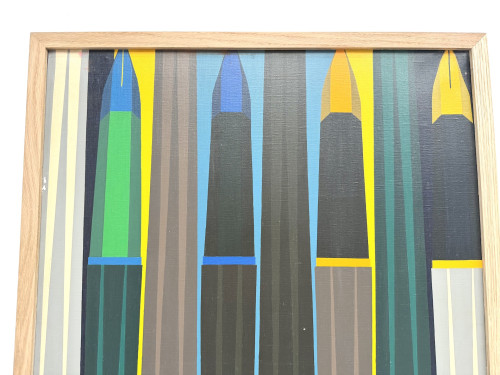 Peinture abstraite géométrique, huile sur toile encadrée chêne, années 1970-80, vue 8