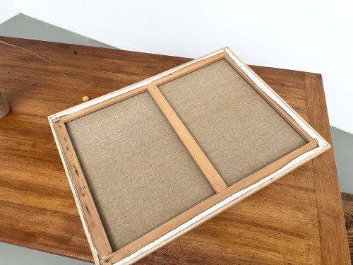 Peinture abstraite géométrique, huile sur toile encadrée chêne, années 1970-80, vue 10
