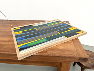 Peinture abstraite géométrique, huile sur toile encadrée chêne, années 1970-80, vue 11