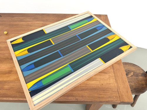 Peinture abstraite géométrique, huile sur toile encadrée chêne, années 1970-80, vue 12