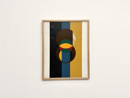 Composition aux cercles et bandes verticales, huile sur toile encadrée chêne, années 1960-70, vue 2
