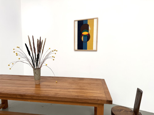 Composition aux cercles et bandes verticales, huile sur toile encadrée chêne, années 1960-70, vue 3