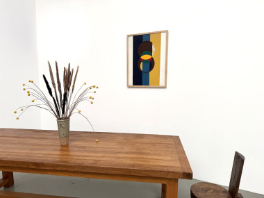 Composition aux cercles et bandes verticales, huile sur toile encadrée chêne, années 1960-70, vue 3