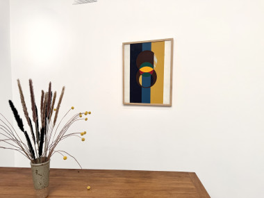 Composition aux cercles et bandes verticales, huile sur toile encadrée chêne, années 1960-70, vue 1