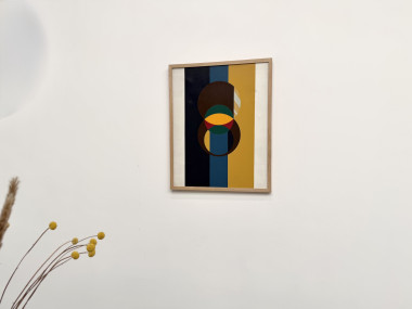 Composition aux cercles et bandes verticales, huile sur toile encadrée chêne, années 1960-70, vue 4