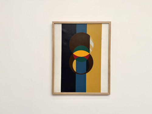 Composition aux cercles et bandes verticales, huile sur toile encadrée chêne, années 1960-70, vue 5