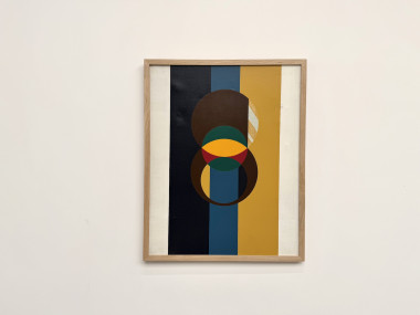 Composition aux cercles et bandes verticales, huile sur toile encadrée chêne, années 1960-70, vue 5