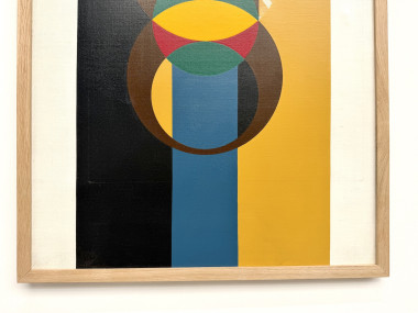 Composition aux cercles et bandes verticales, huile sur toile encadrée chêne, années 1960-70, vue 6