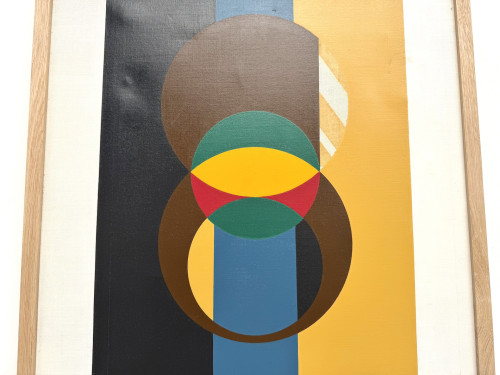 Composition aux cercles et bandes verticales, huile sur toile encadrée chêne, années 1960-70, vue 7