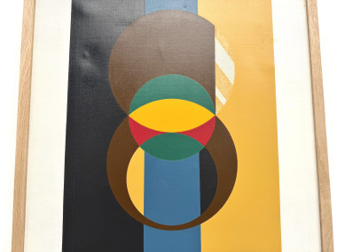 Composition aux cercles et bandes verticales, huile sur toile encadrée chêne, années 1960-70, vue 7