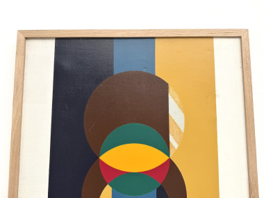 Composition aux cercles et bandes verticales, huile sur toile encadrée chêne, années 1960-70, vue 8