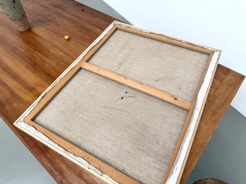 Composition aux cercles et bandes verticales, huile sur toile encadrée chêne, années 1960-70, vue 10